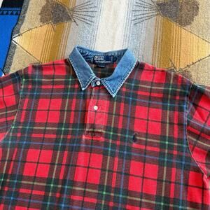 Vintage 90s Men’s Polo Ralph Lauren Plaid Polo Shirt Size Large Denim Collar Red